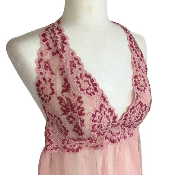 Victoria's Secret Babydoll Night Dress Women's L Pink Deep V Mesh Floral Lace - Picture 2 of 7